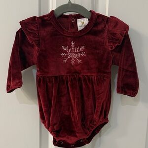 Velvet Burgundy Baby Romper with Snowflake Embroidery
